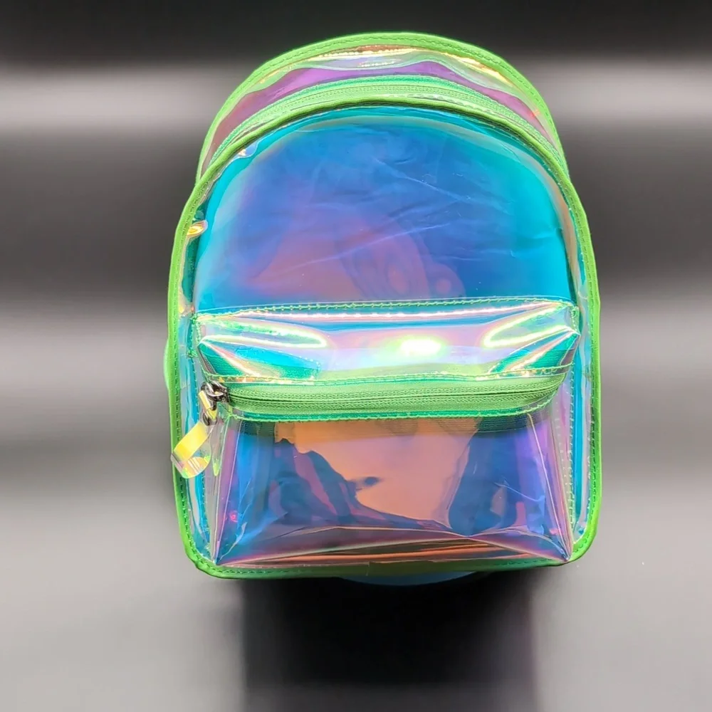 NWOT Iridescent Rainbow Clear Daypack Back pack Zippered With Front Pocket - Picture 3 of 9